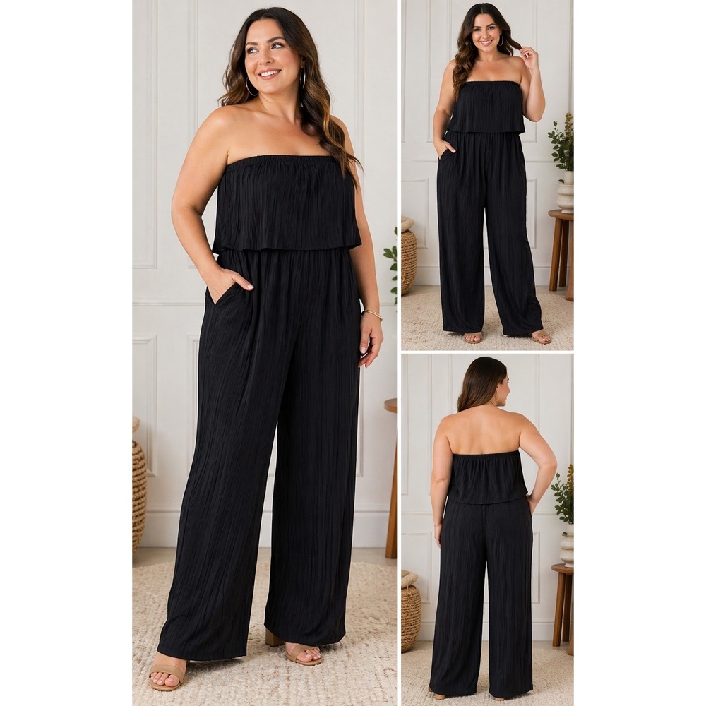 Love Poem by Block Black Strapless Pleated Wide Leg Jumpsuit XL Popover Pockets